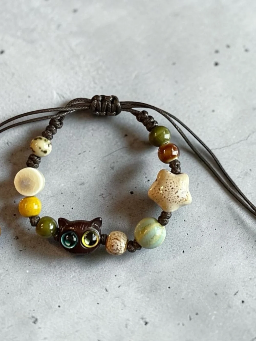 Brown Kitty Cat Bracelet Star Ceramic Beads Aqua Tan Unisex Adjustable
